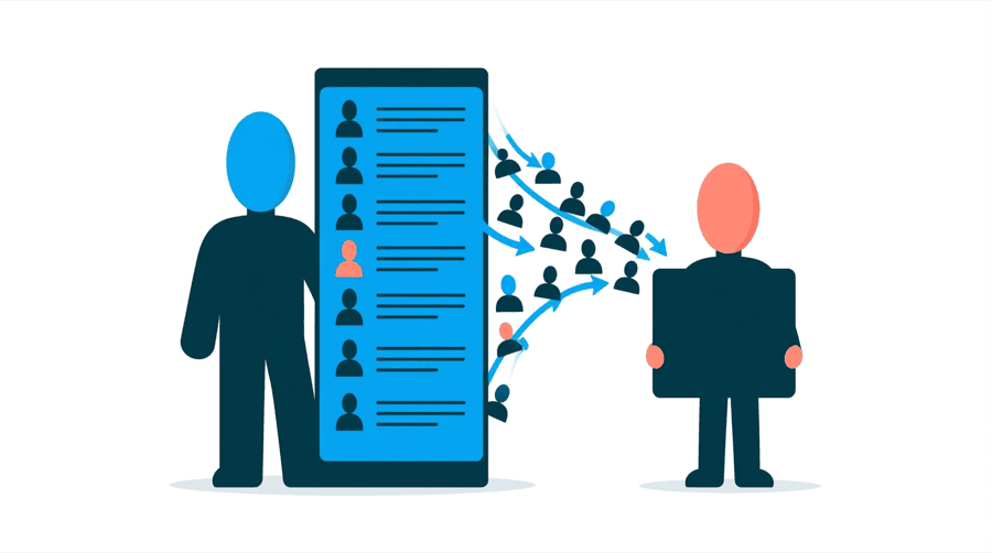 Illustration: a figure beside a tall list panel full of small figure icons, with copies of those icons flowing along curved arrows into a second empty panel held by another figure