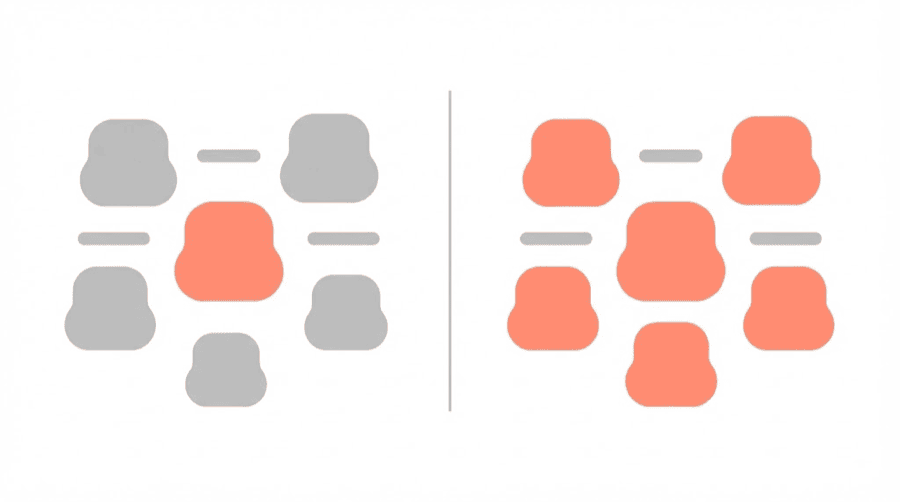 Illustration: one bright coral shape standing out among plain grey shapes on the left, and the same shape lost among many identical bright shapes on the right