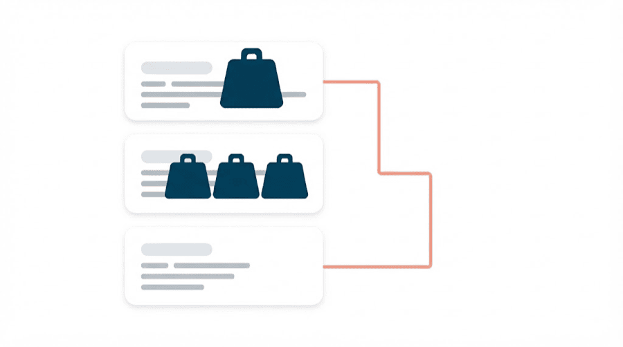 Illustration: three stacked blank cards, the first with one oversized bold block, the second with several oversized blocks, and a falling coral bar beside them getting steeper