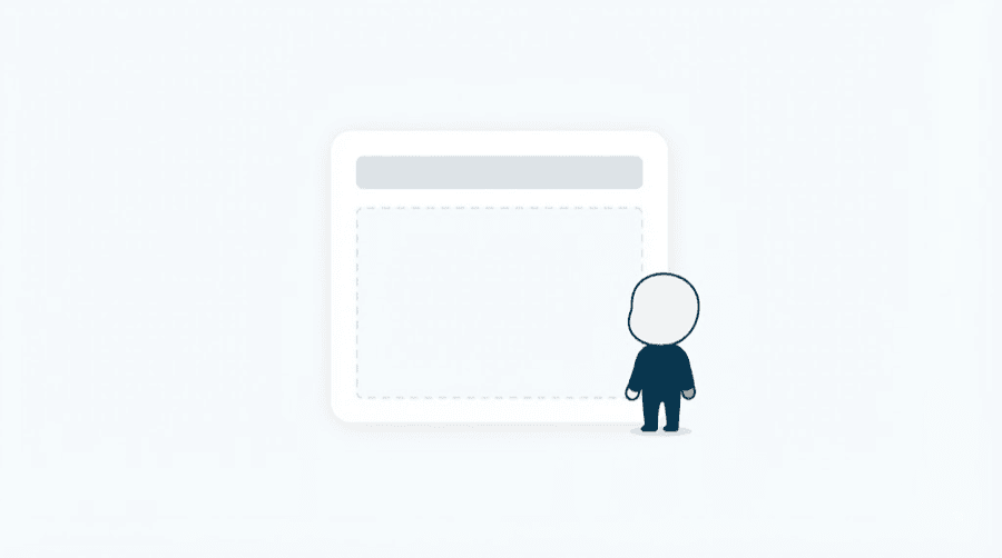 Illustration: a single blank grey text bar alone on a plain card, with a large empty dashed area beneath where a picture would sit