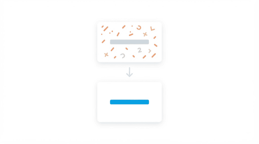 Illustration: two stacked cards, the upper one cluttered with coral symbols and the lower one clean with a single crisp blue bar