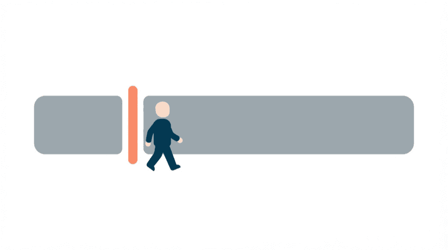 Illustration: a single grey text bar cut in half by a heavy coral vertical mark, with a figure walking past the first half without stopping