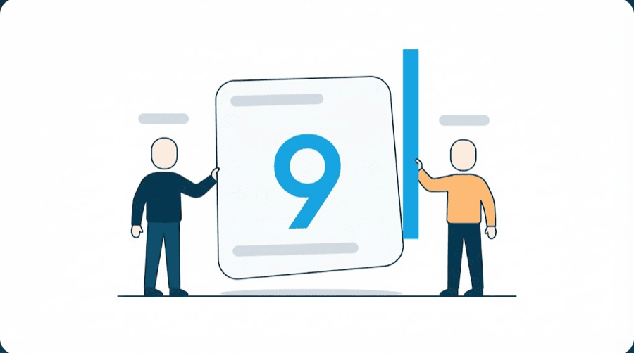Illustration: a large blank rounded card holding one big abstract blue glyph shape, with a rising blue bar beside it