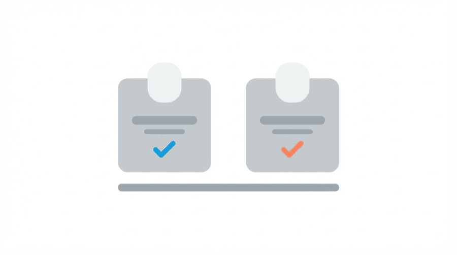 Illustration: two small identical grey cards side by side, one with a blue tick and one with a coral cross, drawn at the same weight
