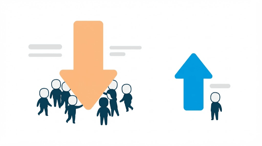 Illustration: a large downward coral arrow drawing a crowd of blank figures towards it, beside a smaller upward blue arrow with almost nobody near it