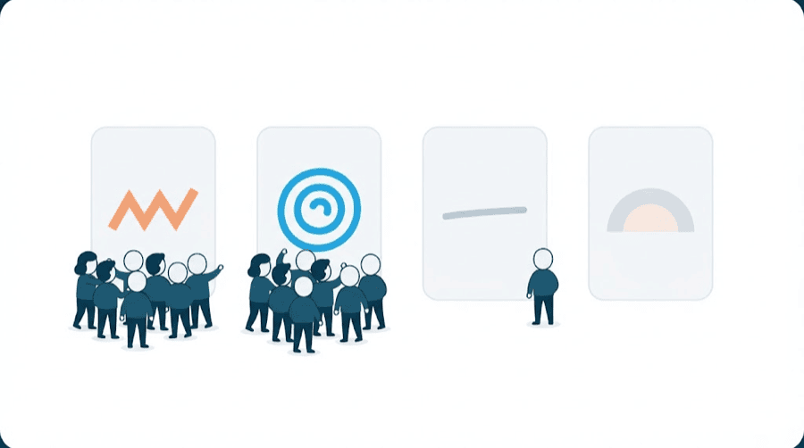 Illustration: a row of blank rounded cards, the angry and questioning ones drawing a crowd of figures towards them while the hopeful one is ignored