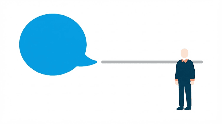 Illustration: a large blank speech bubble pointing at a single figure, with a perfectly flat grey line beside it showing no change