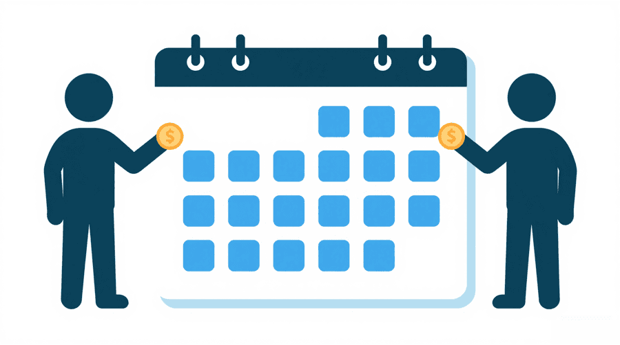 Illustration: two figures beside a large wall calendar, one holding a coin to the first day and the other holding a coin to a later day