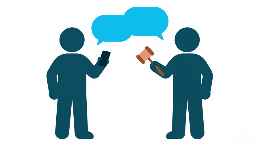 Illustration: one figure holding a phone and another holding a gavel, with two speech bubbles above them