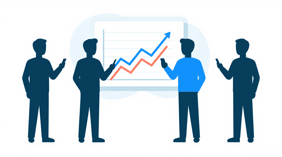 Illustration: four figures holding phones around a chart where a blue line rises above an orange line