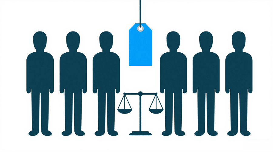 Illustration: a single price tag hanging above a balance scale that sits level, with figures standing on either side