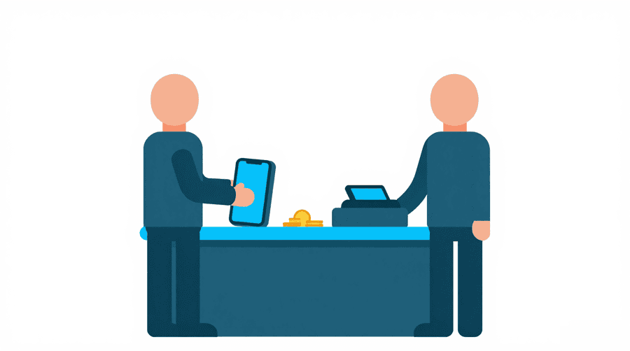 Illustration: two figures at a shop counter, one holding out a phone beside a cash register and a few coins