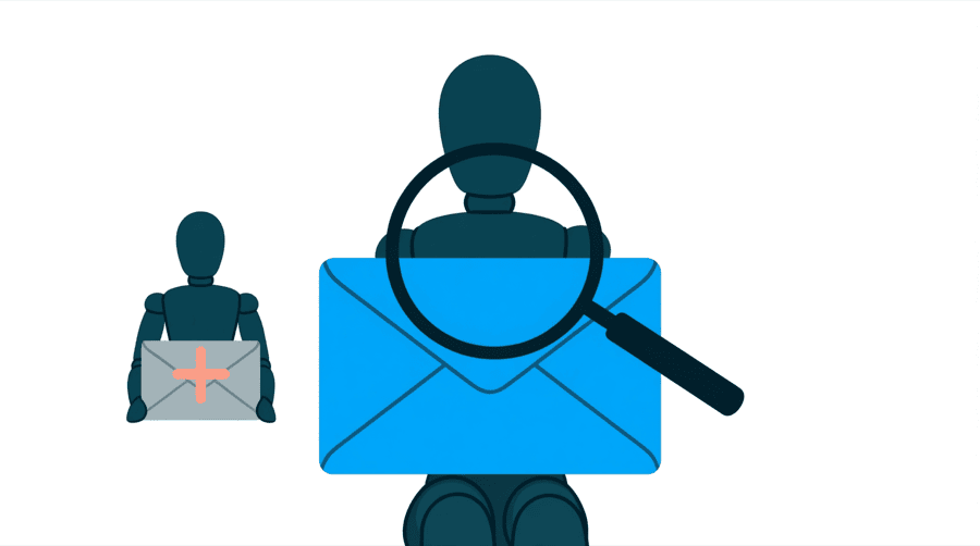 Illustration: a fresh blank envelope being inspected under a magnifying glass while a marked one behind it stays untouched