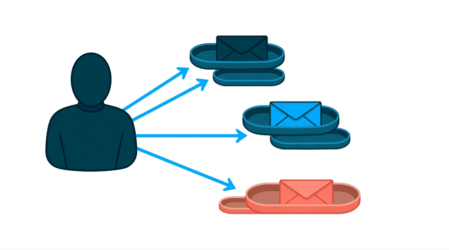 Illustration: the same envelope arriving at four separate trays, landing in the main tray at three of them and a side tray at the fourth