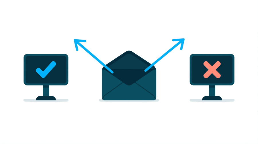 Illustration: two separate scoreboards each showing a different mark for the same single envelope