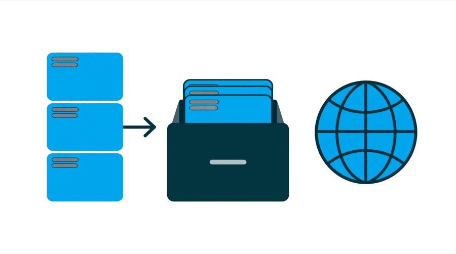 Illustration: three small text records being placed into a plain filing drawer beside a globe