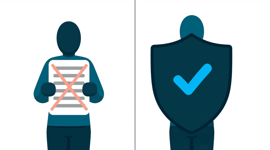 Illustration: a list of blank word shapes being crossed out beside a much larger badge marked with a tick