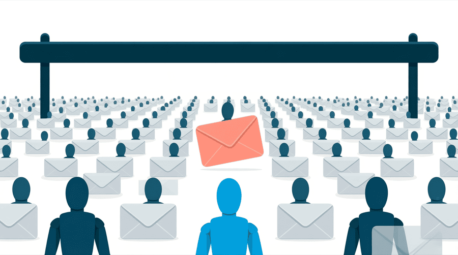 Illustration: a single small marked envelope in a wide field of ordinary ones, with a barrier dropping across the whole field