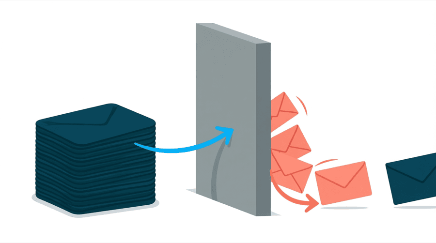 Illustration: a stack of envelopes where a clearly marked portion bounces back off a wall