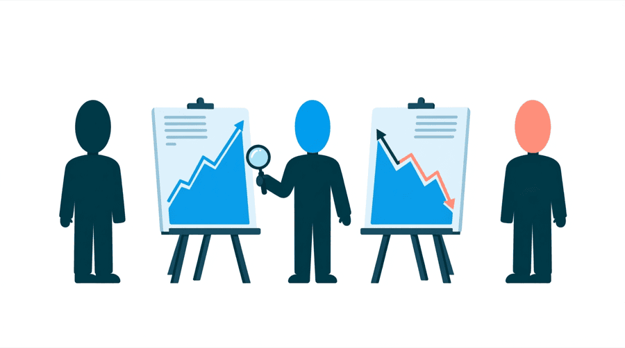 Illustration: two large charts stand side by side showing opposite shapes while a figure between them holds a magnifying glass