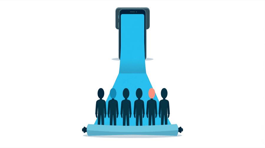 Illustration: a long scroll of paper unrolls from a phone and a crowd of small figures stands along its length