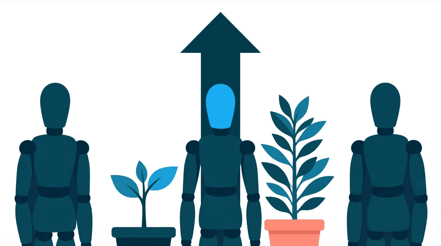 Illustration: a small seedling in a pot beside a tall plant, with a steep rising arrow drawn behind the seedling