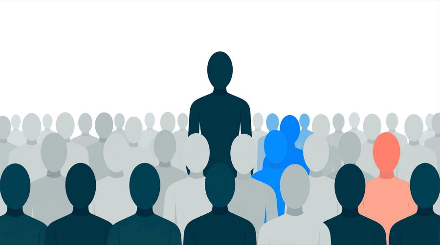 Illustration: a large crowd of small blank figures in pale grey with one small cluster picked out in bright blue