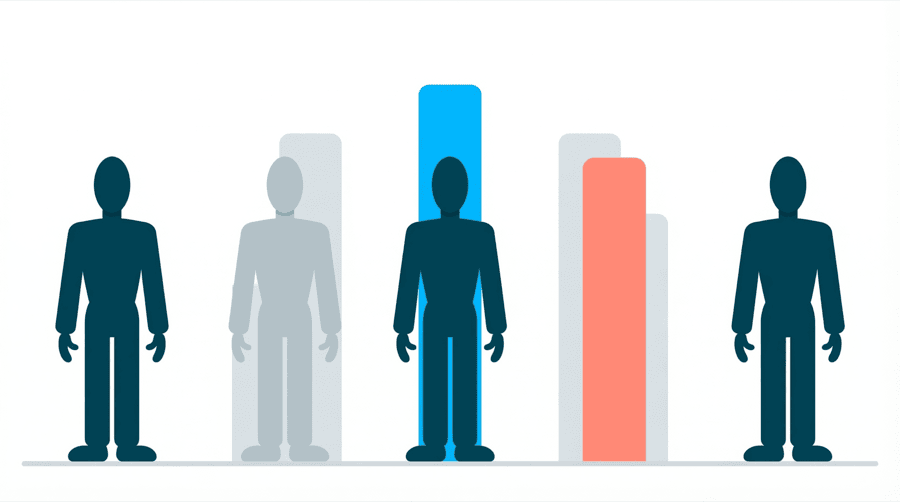 Illustration: a simple bar chart of five columns where the two tallest are highlighted in blue and coral and the rest are pale grey
