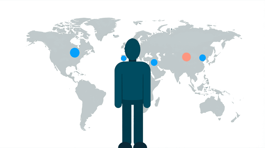 Illustration: a flat world map outline in pale grey with four cities marked by bright blue dots and one coral dot