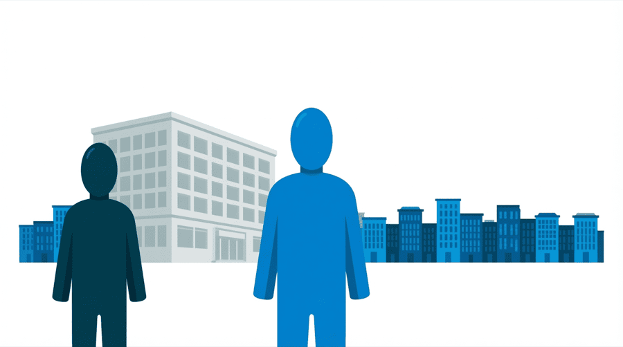 Illustration: one large office building outline in pale grey beside a long row of many tiny blue buildings