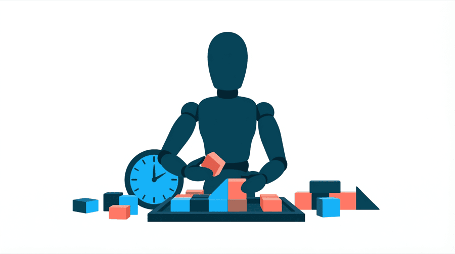 Illustration: a blank figure endlessly rearranging coloured blocks on a board while a clock shape sits beside them