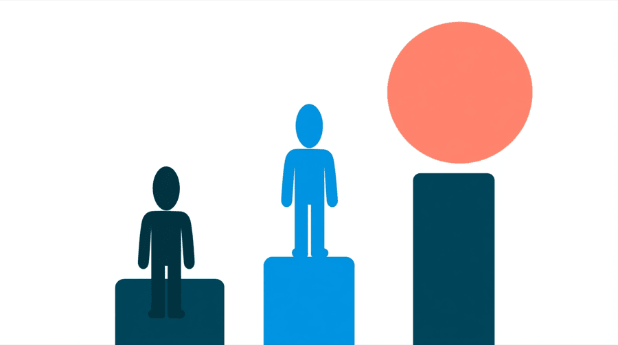 Illustration: a rising line over three simple columns, with a large coral circle sitting above the tallest one