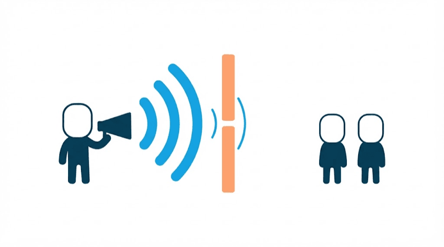 Illustration: a small blank figure with a megaphone whose sound waves are stopped by a turnstile that only lets a few figures through, showing reach gated behind payment