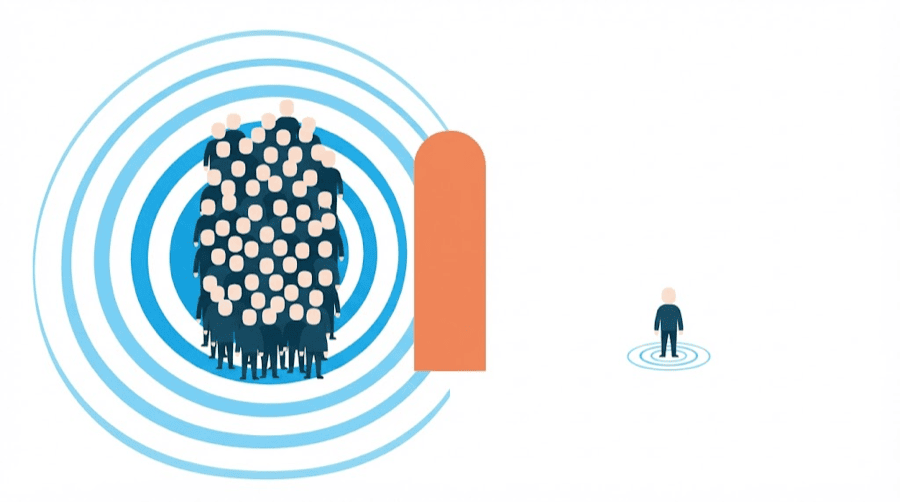 Illustration: two lanes, a tall stack of figures behind a gate receiving wide ripples while a lone figure outside the gate gets a tiny ripple, showing reach concentrated among paying accounts
