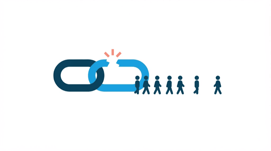 Illustration: a chain link being cut while a small crowd of blank figures walks away and thins out, showing a link penalty alongside a shrinking audience