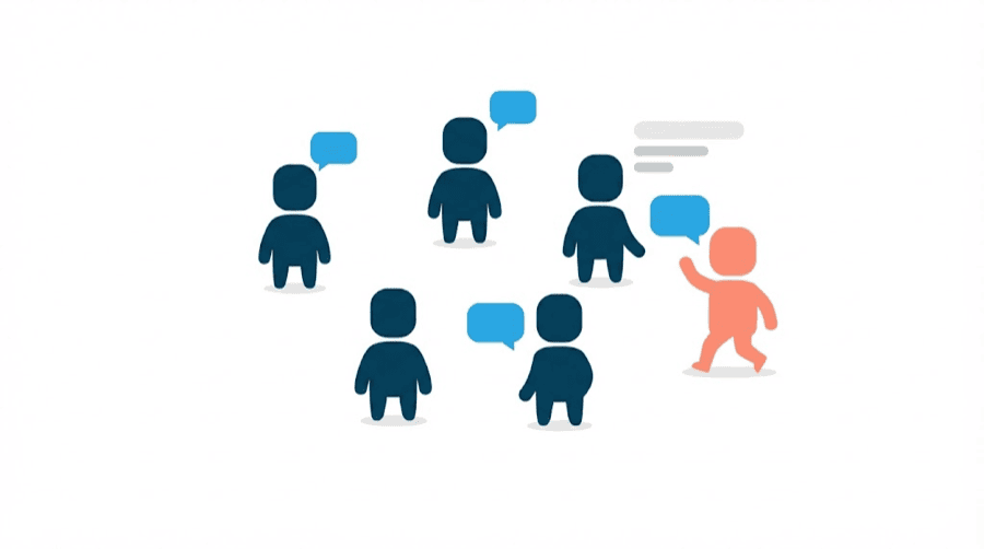 Illustration: a small blank figure stepping into an existing circle of figures already talking with speech bubbles, and being noticed by them, showing growth by joining others' conversations