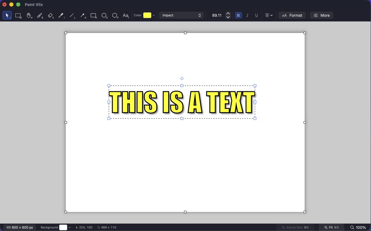 Paint Vlix editing a rich text box reading THIS IS A TEXT in yellow Impact with a black outline and drop shadow