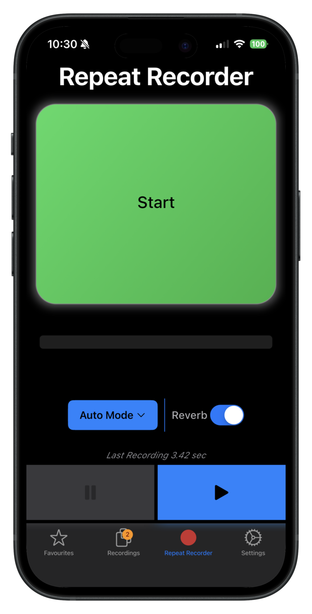 Repeat Recorder app running in Auto Mode, with the Start button, a Reverb toggle, and playback controls