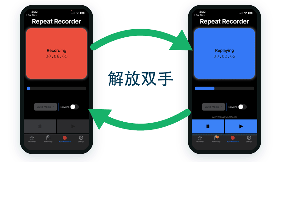 Repeat Recorder 的录音与回放循环:在红色界面录音,在蓝色界面解放双手回放